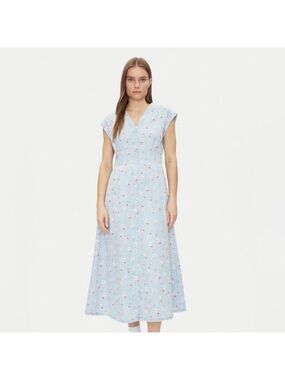 Gap Ditsy Floral Print Pleated Waist Denim Maxi Dress NWT